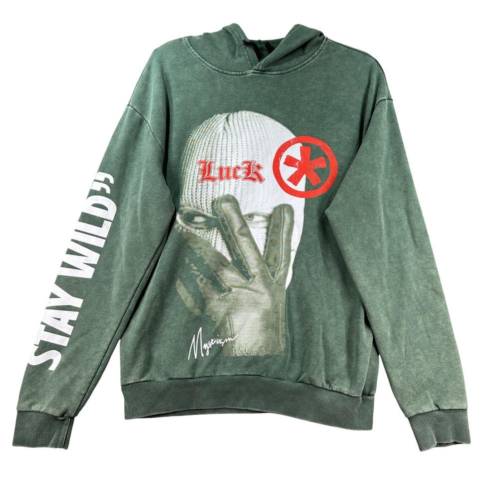 Mysticism Green Graphic Hoodie Stay Wild Luck Balaclava Streetwear Men L